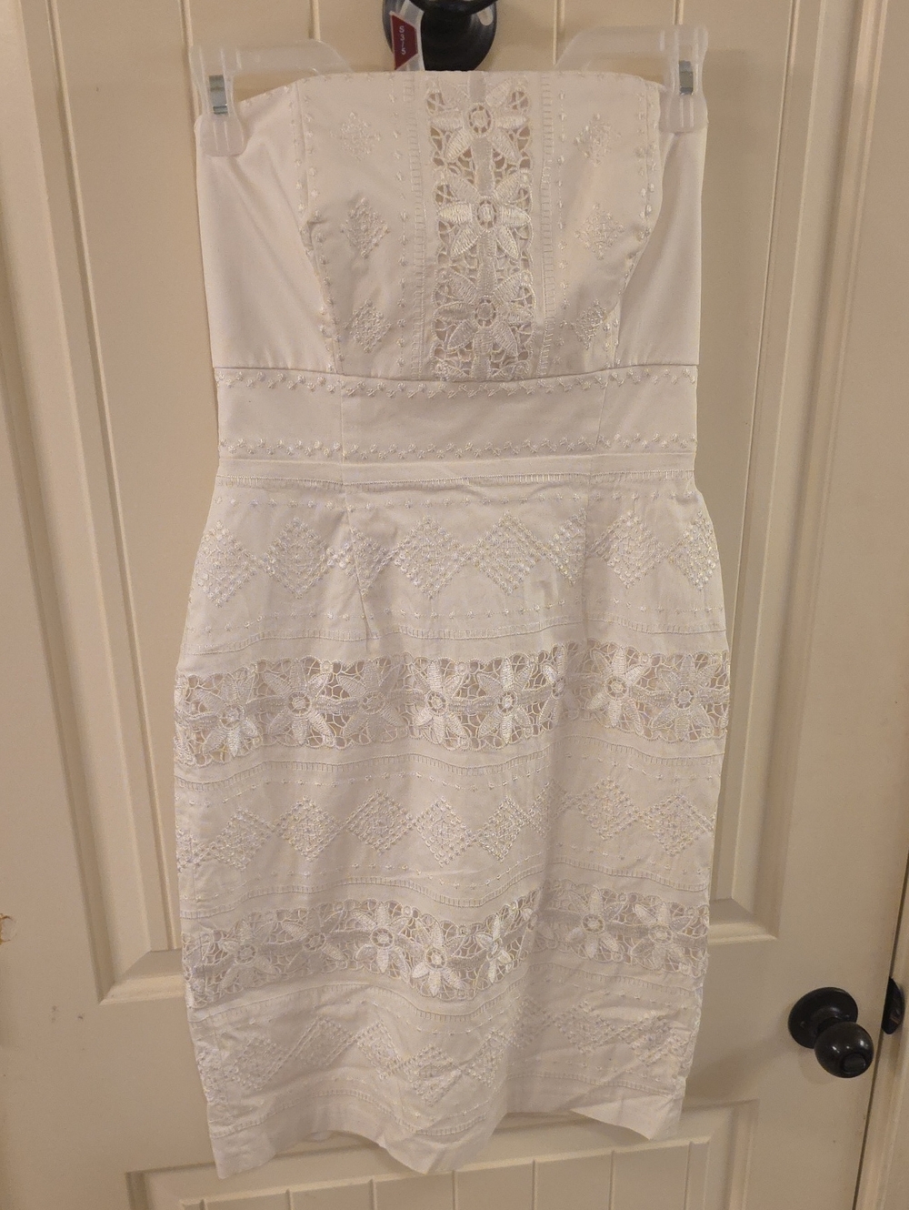White House Black Market Strapless White Lace Midi Dress with Embroidered Panels